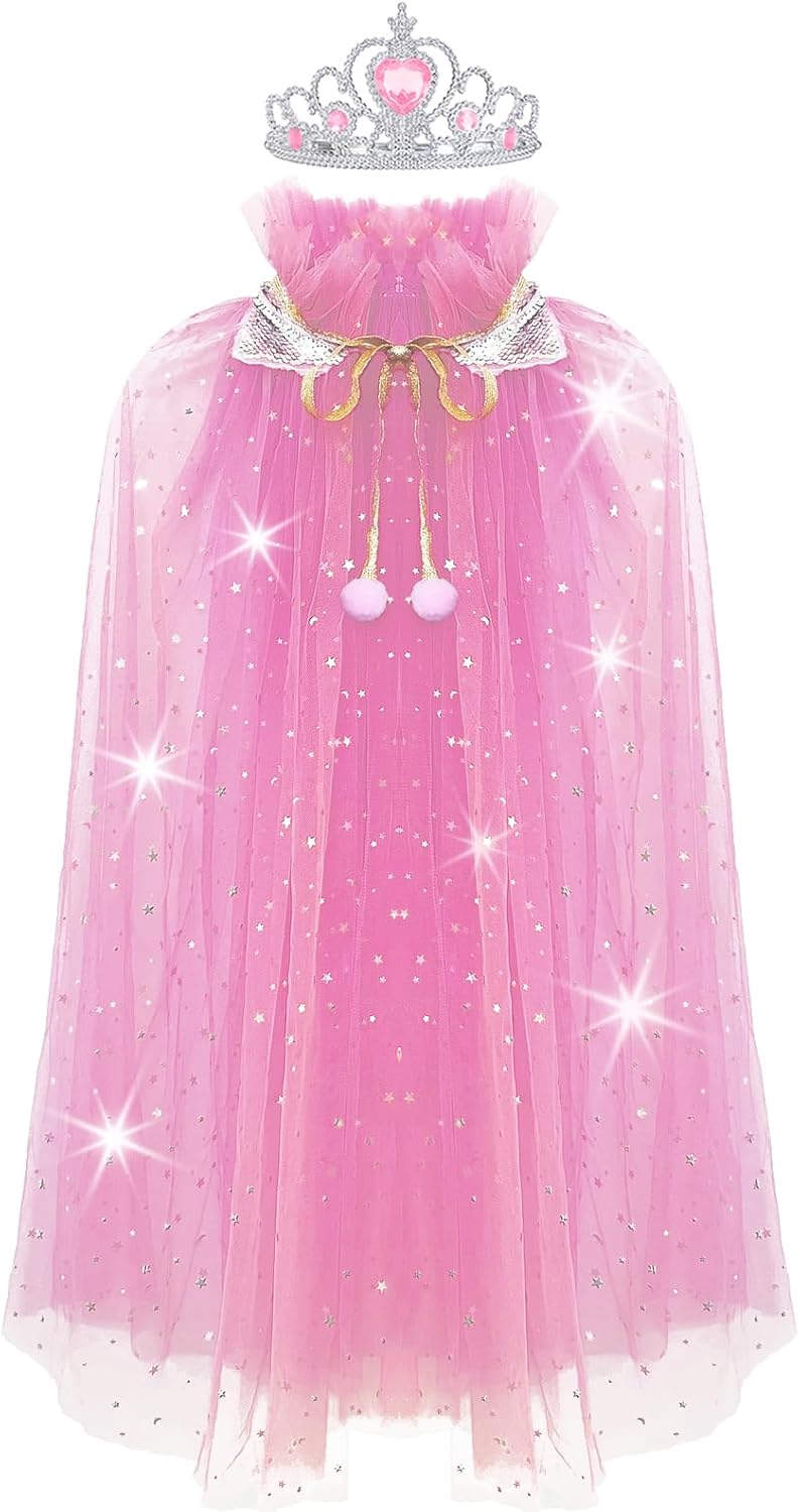 WOXVM Princess Cape for Girls Princess Cloak with Crown Sequins Tulle Princess Dress Up for Christmas Birthday Party
