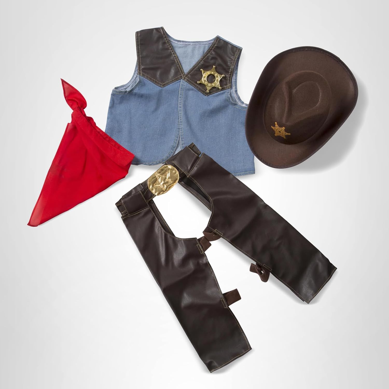 Melissa & Doug Cowboy Role Play Costume Set (5 pcs) - Includes Faux Leather Chaps - Cowboy Dress-Up Role Play Costume with Vest for Boys and Girls