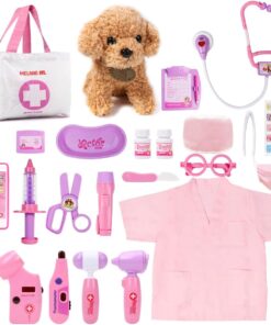 Meland Toy Doctor Kit for Girls, Pretend Play Toy Doctor Set with Dog , Carrying Bag, Stethoscope & Dress Up Costume Gift for Kids Toddlers Ages 3 4 5 6 Year Old for Role Play