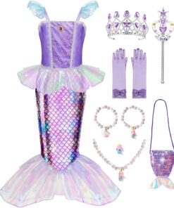Meland Mermaid Dress - Little Mermaid Costume with Bag for Girls 3-10, Princess Dress Up for Birthday Gift, Halloween Costume