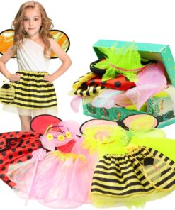 Girls Princess Dress up Trunk Ladybug, Bee, Butterfly, Green Fairy Role Play Costume Set for Little Girls Toddler Aged 3-7