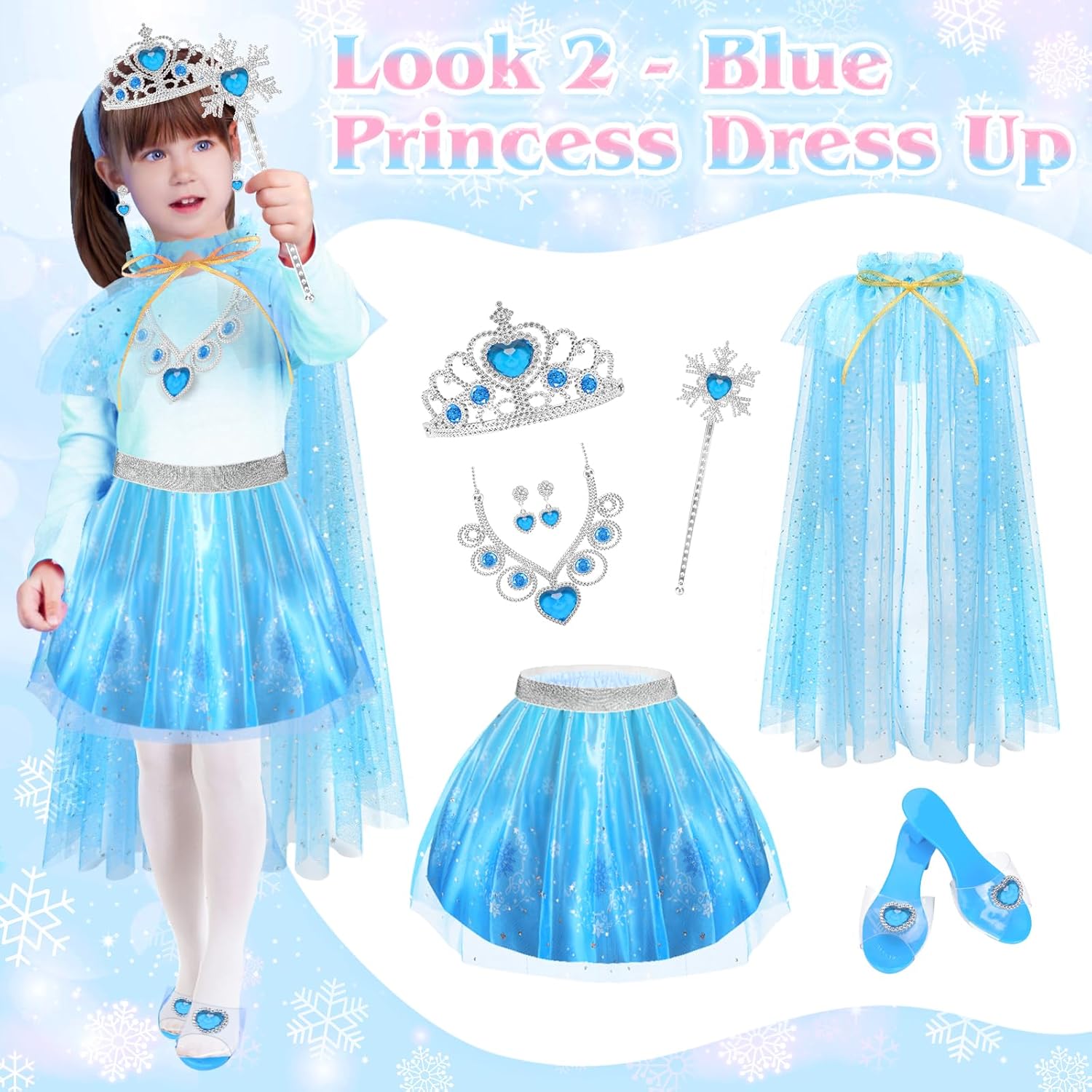 TSDATOWR Princess Dress Up Clothes for Little Girls Toddlers, Princess Costume Set with Princess Cape, Tutu, Crown, Shoes - Image 3