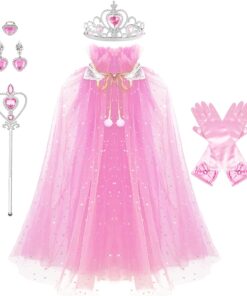 Princess Cape Set 8 Pieces Girls Princess Cloak, Kids Fairy Tulle Elsa Princess Dress Up Clothes Cape for Girls Birthday Party Halloween Dressing Up with Crown Wand Accessories