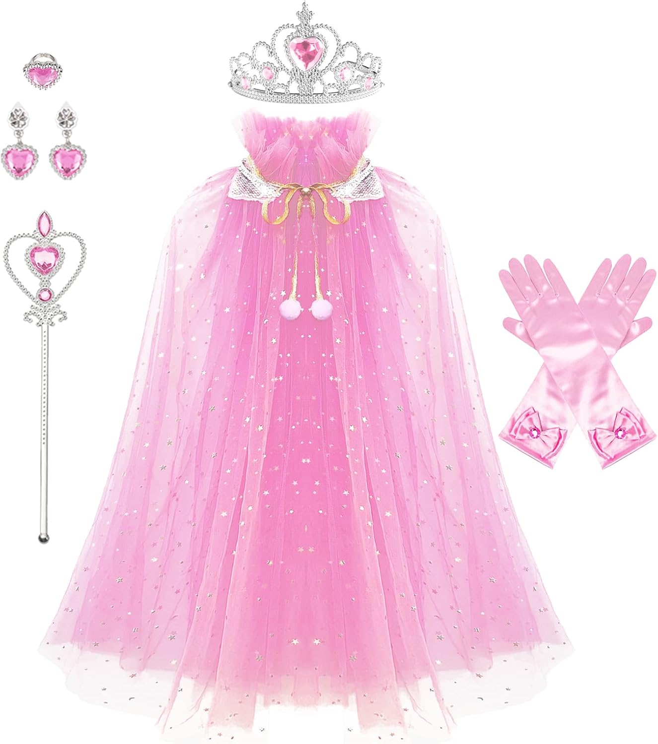 Princess Cape Set 8 Pieces Girls Princess Cloak, Kids Fairy Tulle Elsa Princess Dress Up Clothes Cape for Girls Birthday Party Halloween Dressing Up with Crown Wand Accessories