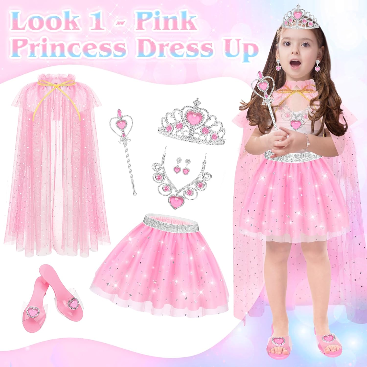 TSDATOWR Princess Dress Up Clothes for Little Girls Toddlers, Princess Costume Set with Princess Cape, Tutu, Crown, Shoes - Image 2