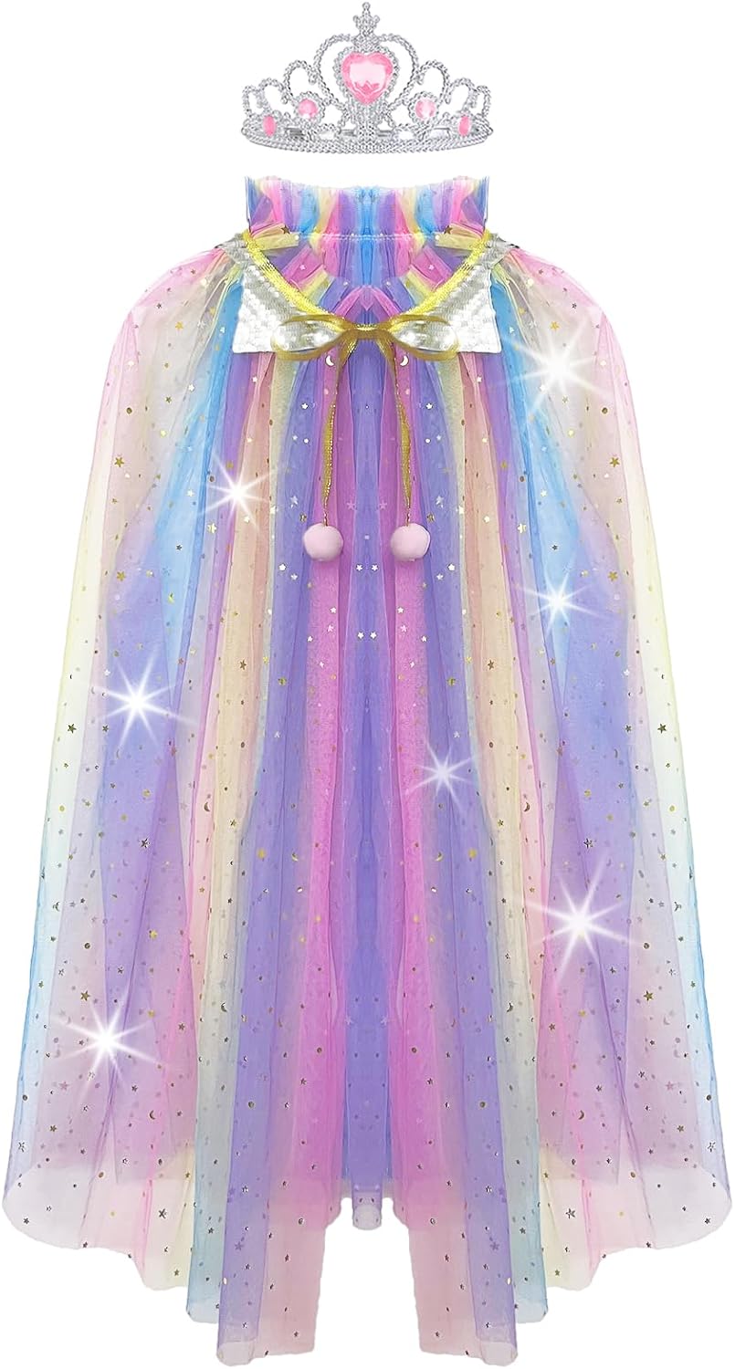 WOXVM Princess Cape for Girls Princess Cloak with Crown Sequins Tulle Princess Dress Up for Christmas Birthday Party - Image 7