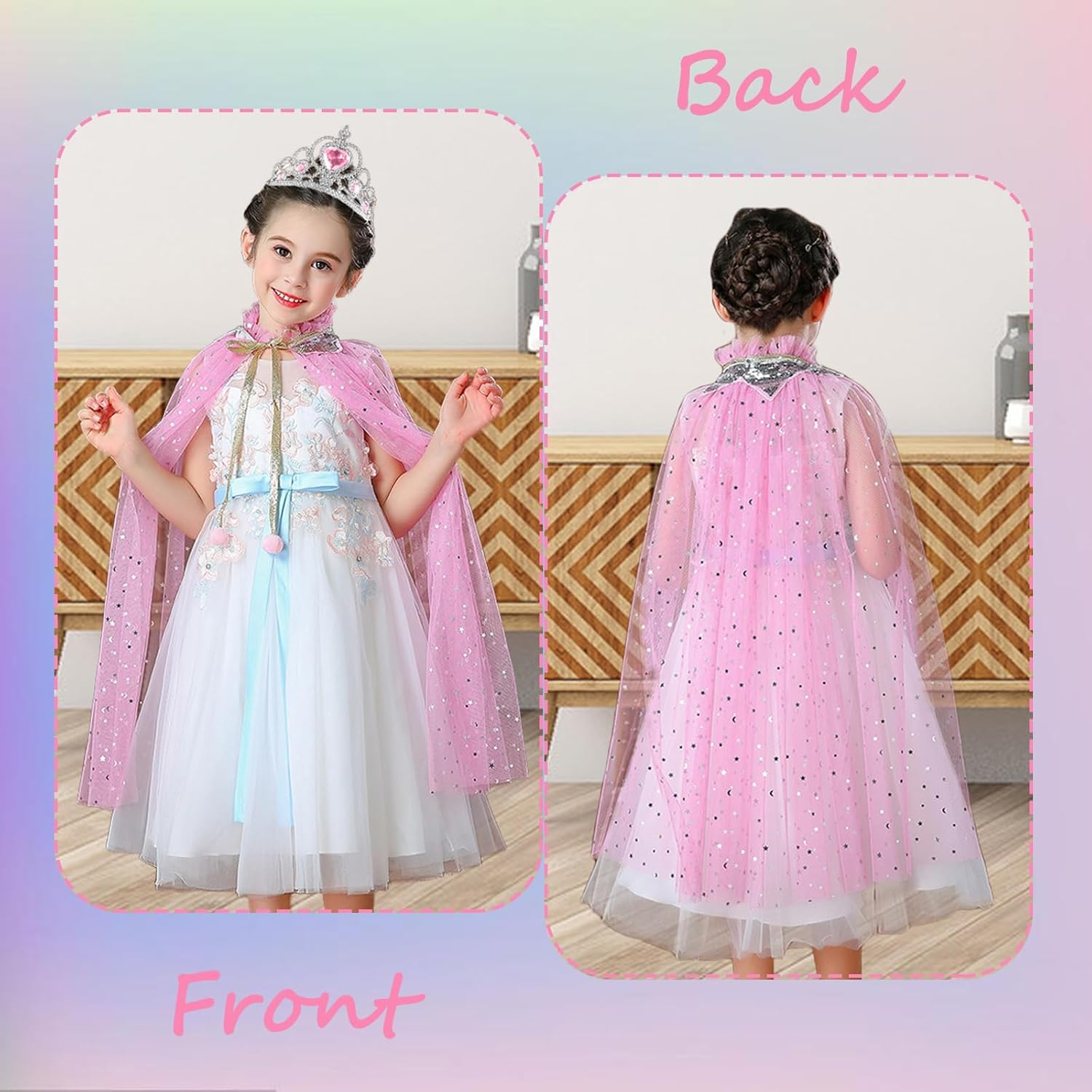 Princess Cape Set 8 Pieces Girls Princess Cloak, Kids Fairy Tulle Elsa Princess Dress Up Clothes Cape for Girls Birthday Party Halloween Dressing Up with Crown Wand Accessories - Image 3
