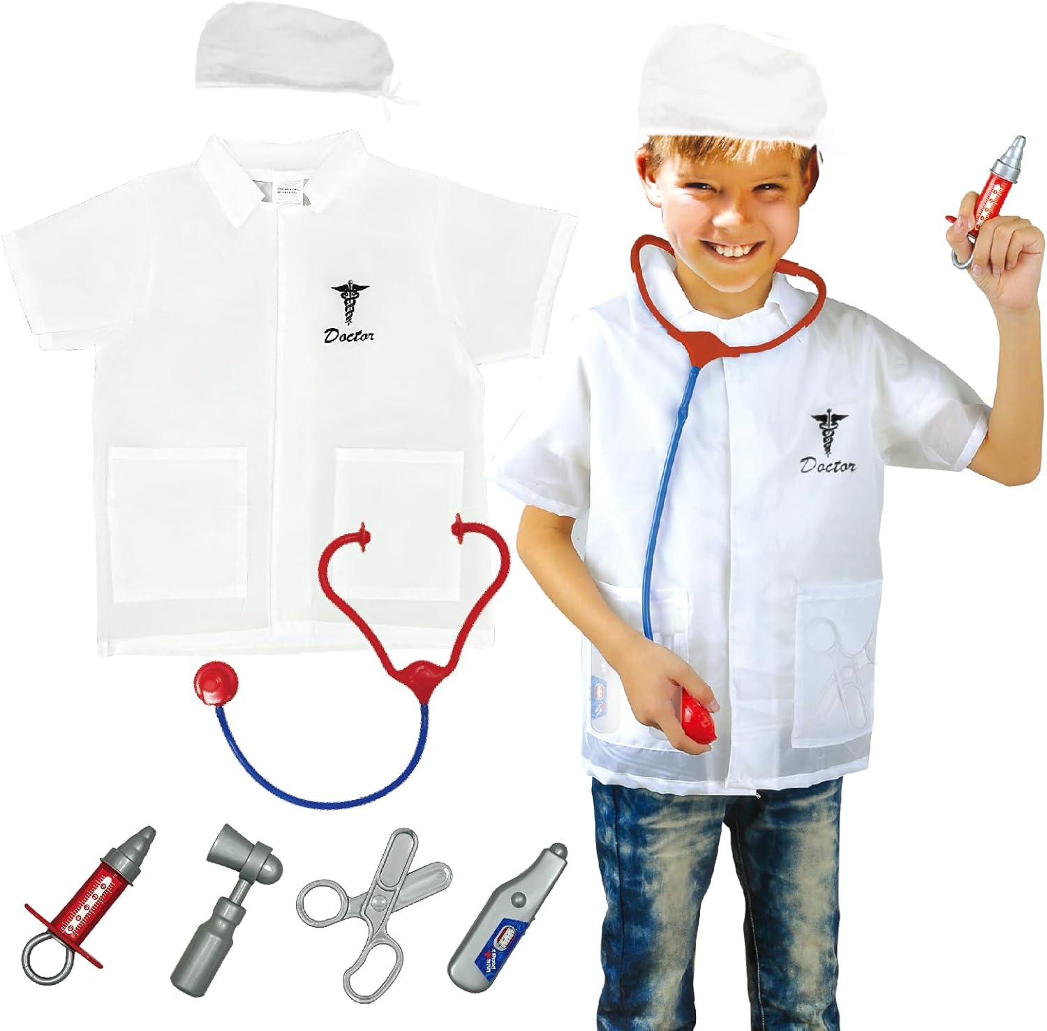 Lesheng space 4 Sets Dress Up Clothes for Kids, Pretend Dress Up Trunk of Firefighter costume/Doctor/Policeman/Construction Worker Role Play Set with Realistic Accessories - Image 7