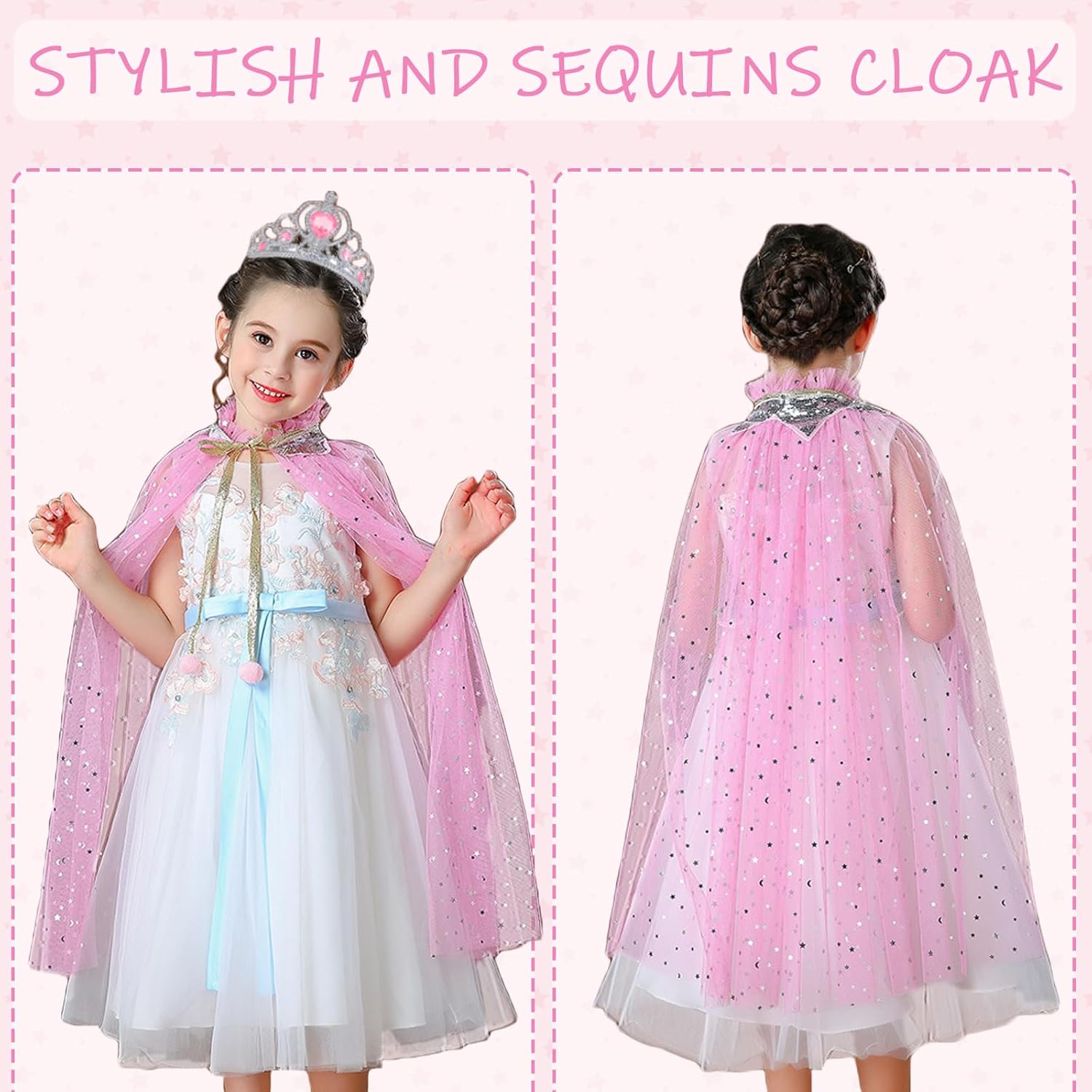 WOXVM Princess Cape for Girls Princess Cloak with Crown Sequins Tulle Princess Dress Up for Christmas Birthday Party - Image 4