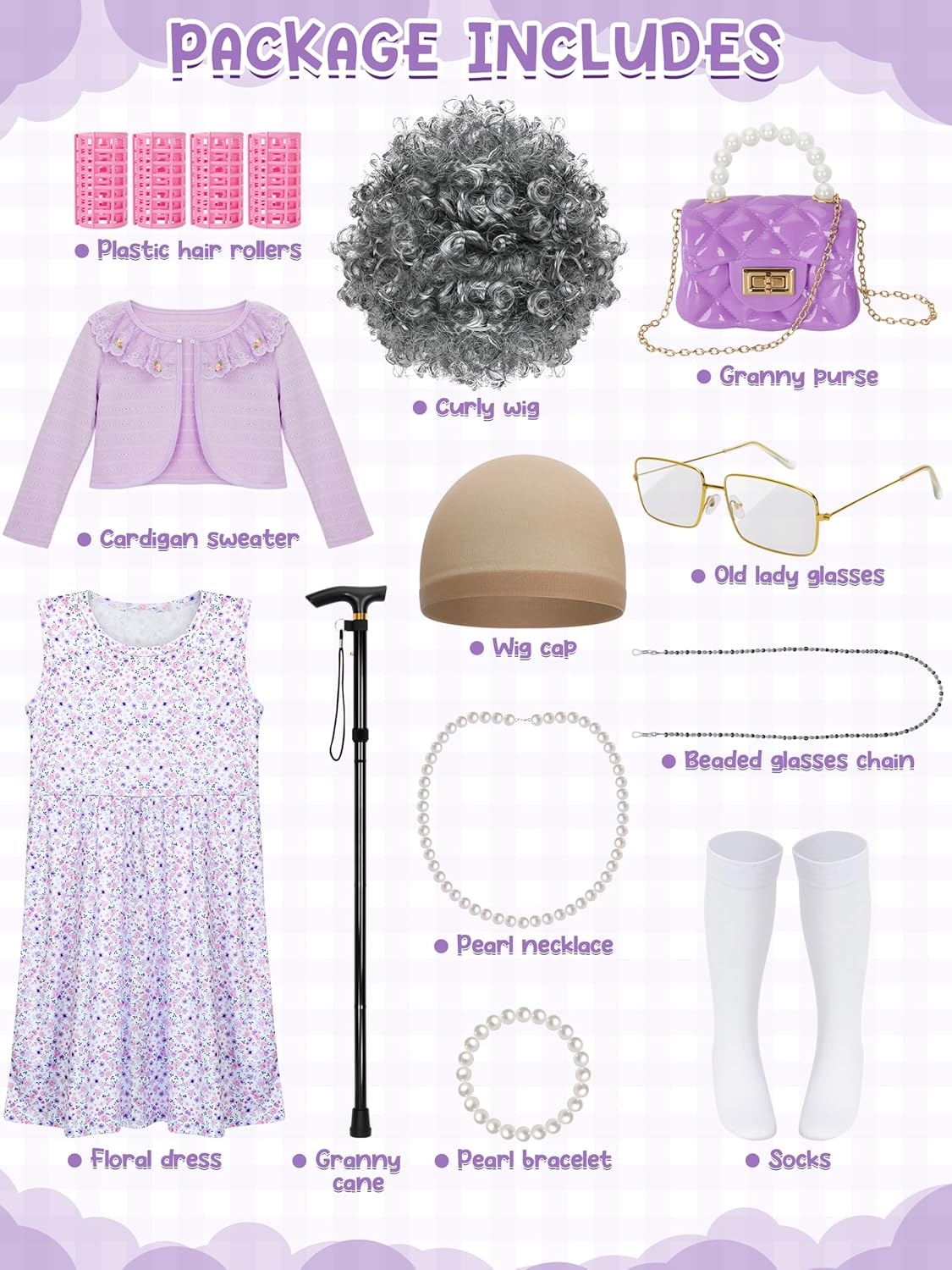 Luces 100 Days of School Costume for Kids, Old Lady Dress Up for Girls, 100th Day School Granny Wig Accessories Outfit - Image 2