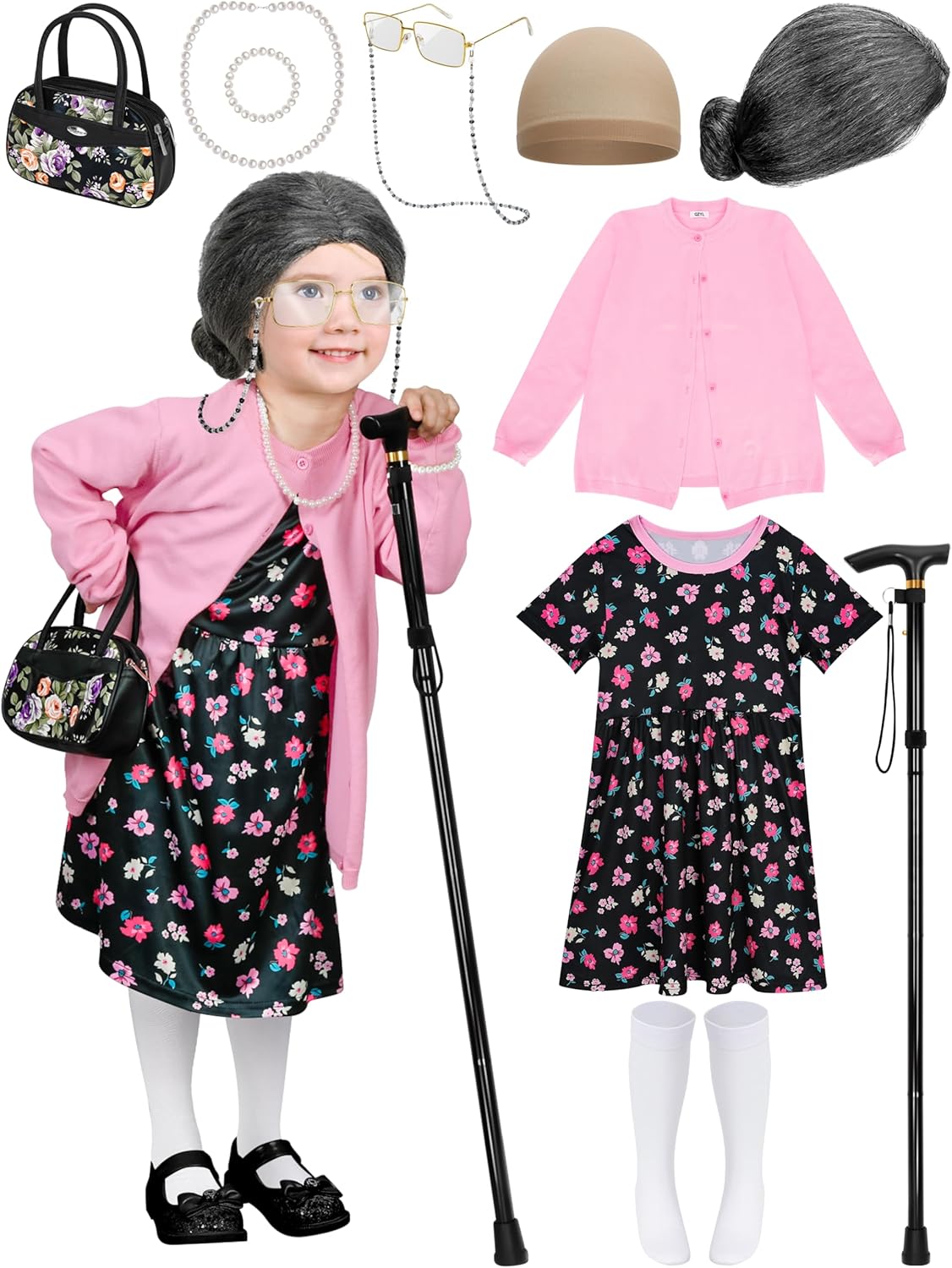 Luces 100 Days of School Costume for Kids, Old Lady Dress Up for Girls, 100th Day School Granny Wig Accessories Outfit - Image 10