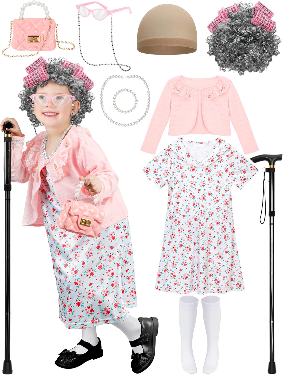 Luces 100 Days of School Costume for Kids, Old Lady Dress Up for Girls, 100th Day School Granny Wig Accessories Outfit - Image 11