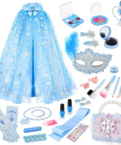 deAO Girl Dress-Up 18 Pieces Dress Up Set with Long Cape,Wand,Gloves,Kids Makeup Kit for Toddler Girl 3+ Years Old Toys Christmas Birthday Party Gift