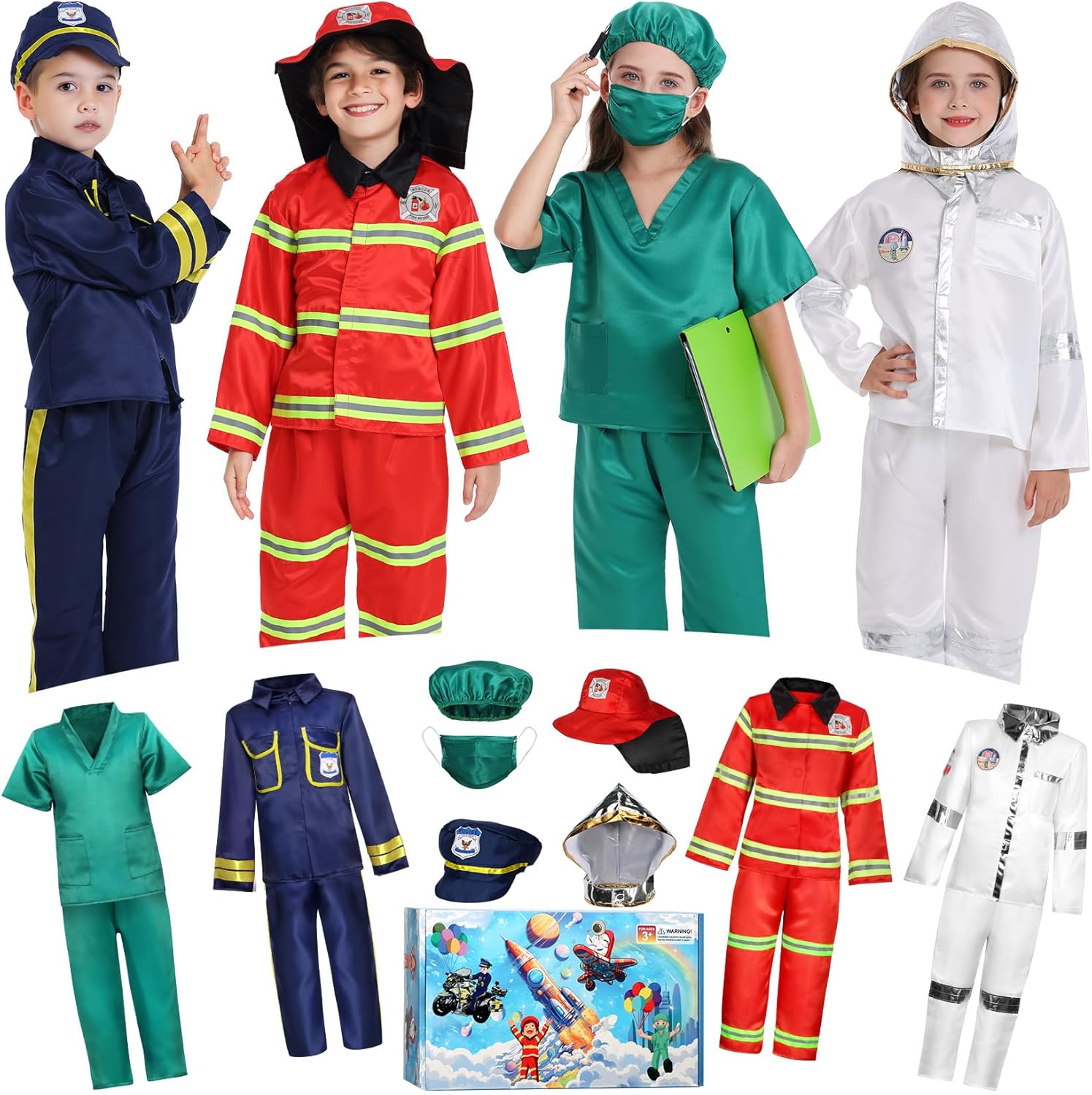Toddler Dress up Clothes Boys Dress up Costumes for Play Kids Costumes Firefighter, Police, Astronaut, Doctor Role Play Toddler Toys Christmas Birthday Gift for Girls Age 3-6 Years