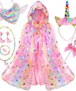 Fedio Princess Dress up for Girls,Unicorn Light up Princess Cape Set,Light up Princess Dress with Unicorn Toys for Girls 3-8 Halloween Pink