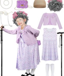 Luces 100 Days of School Costume for Kids, Old Lady Dress Up for Girls, 100th Day School Granny Wig Accessories Outfit