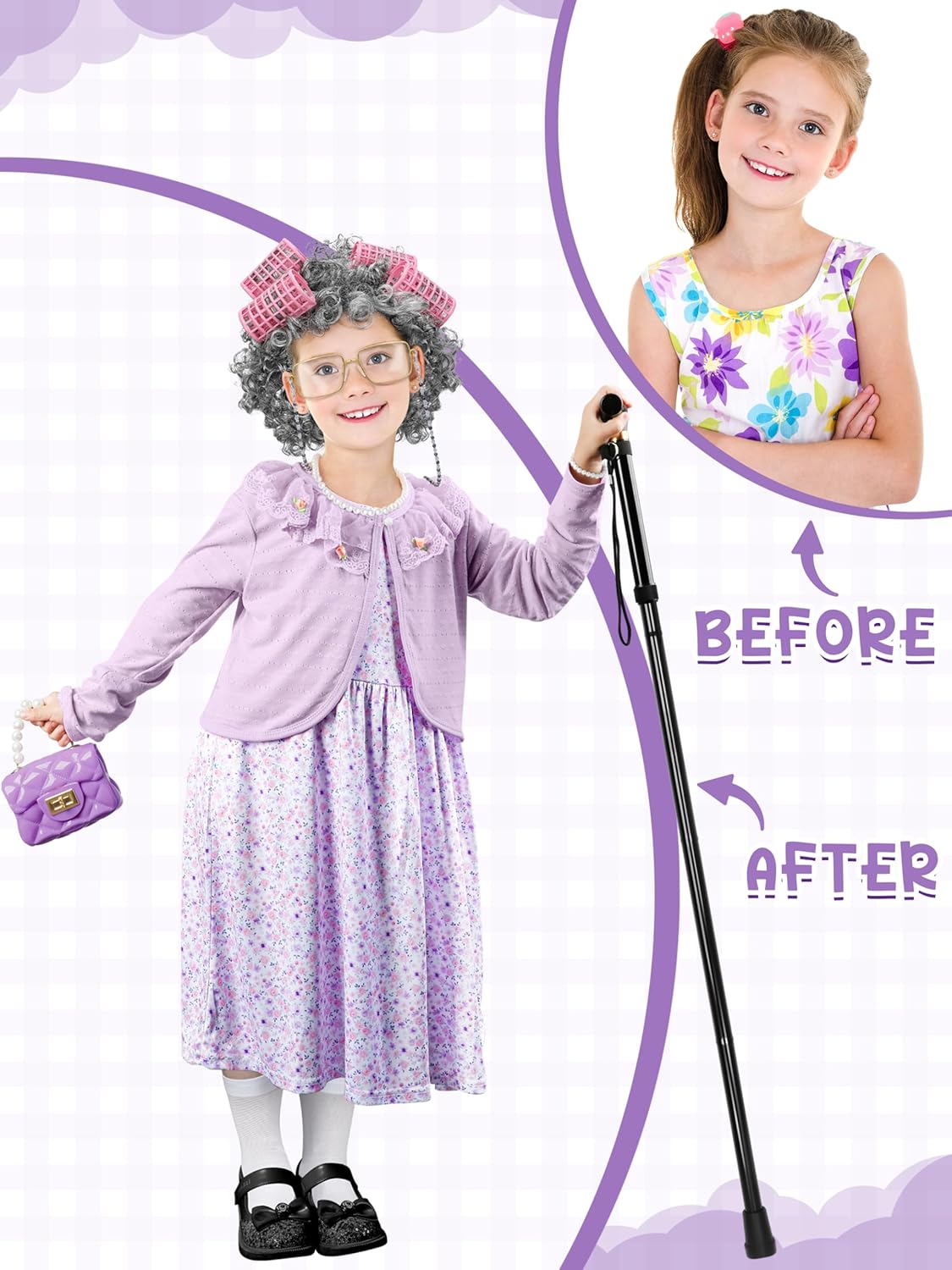 Luces 100 Days of School Costume for Kids, Old Lady Dress Up for Girls, 100th Day School Granny Wig Accessories Outfit - Image 6