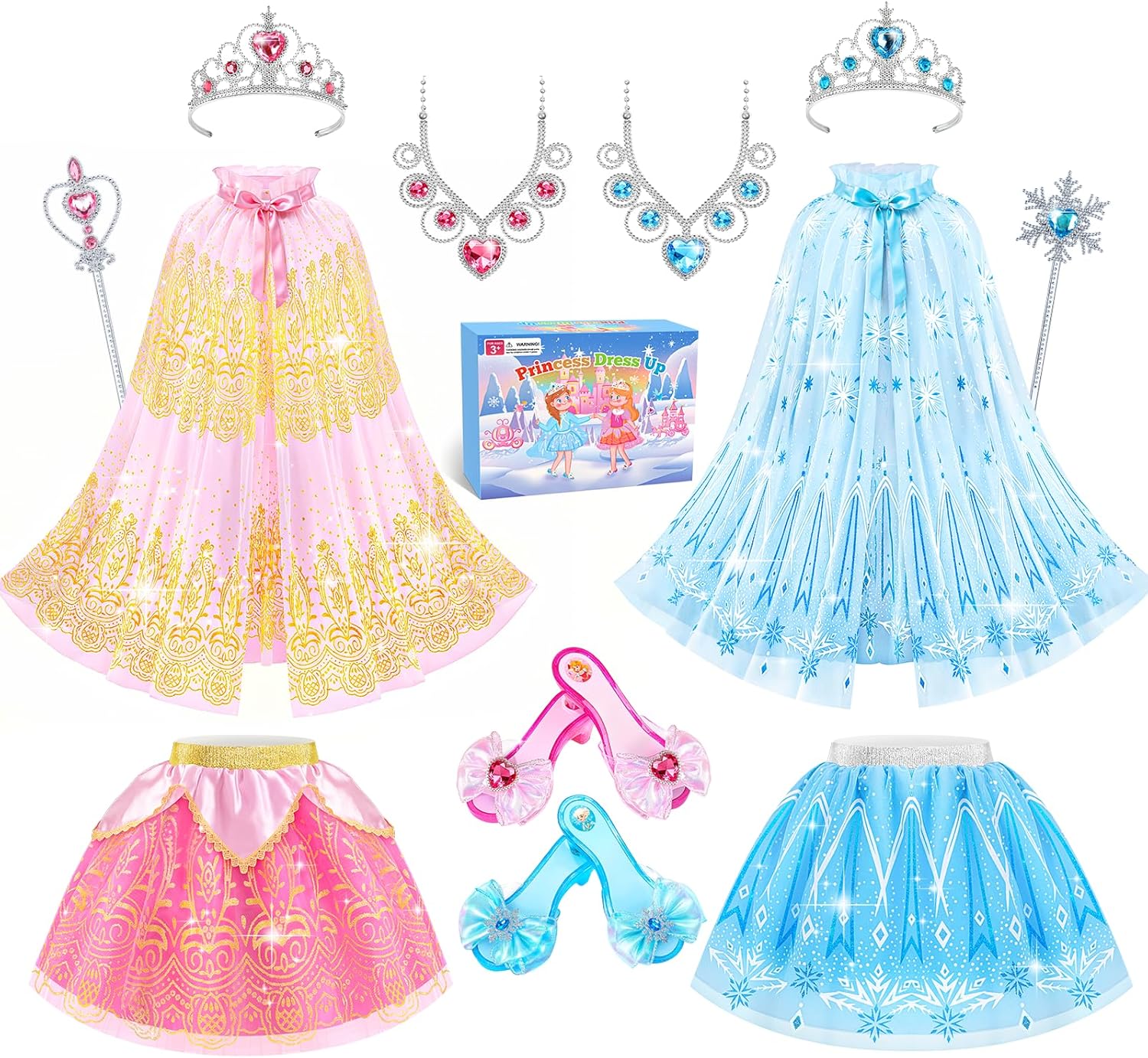Princess Dress Up Clothes for Little Girls Toddlers, Princess Dress Up Shoes Set with Princess Cape Tutu Shoes Crown Wand, Princess Toys Gift for Girls Kids Aged 3 4 5 6 Years Old