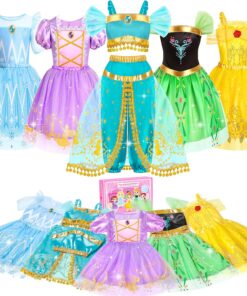 Jeowoqao Princess Costumes for Girls, Princess Dress up Clothes for Girl 4-6 Princess Dresses,Little Girl Dress up Pretend Role Play, Christmas Birthday Gifts for Toddler Girl Aged 3-6