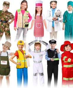 Vicenpal 10 Set Dress up Clothes for 3-8 Years Old Washable Construction Policeman Fireman Doctor Chef Gardener Explorer Scientist Soldier Astronaut Costumes for Boys and Girls Role Playing Activities