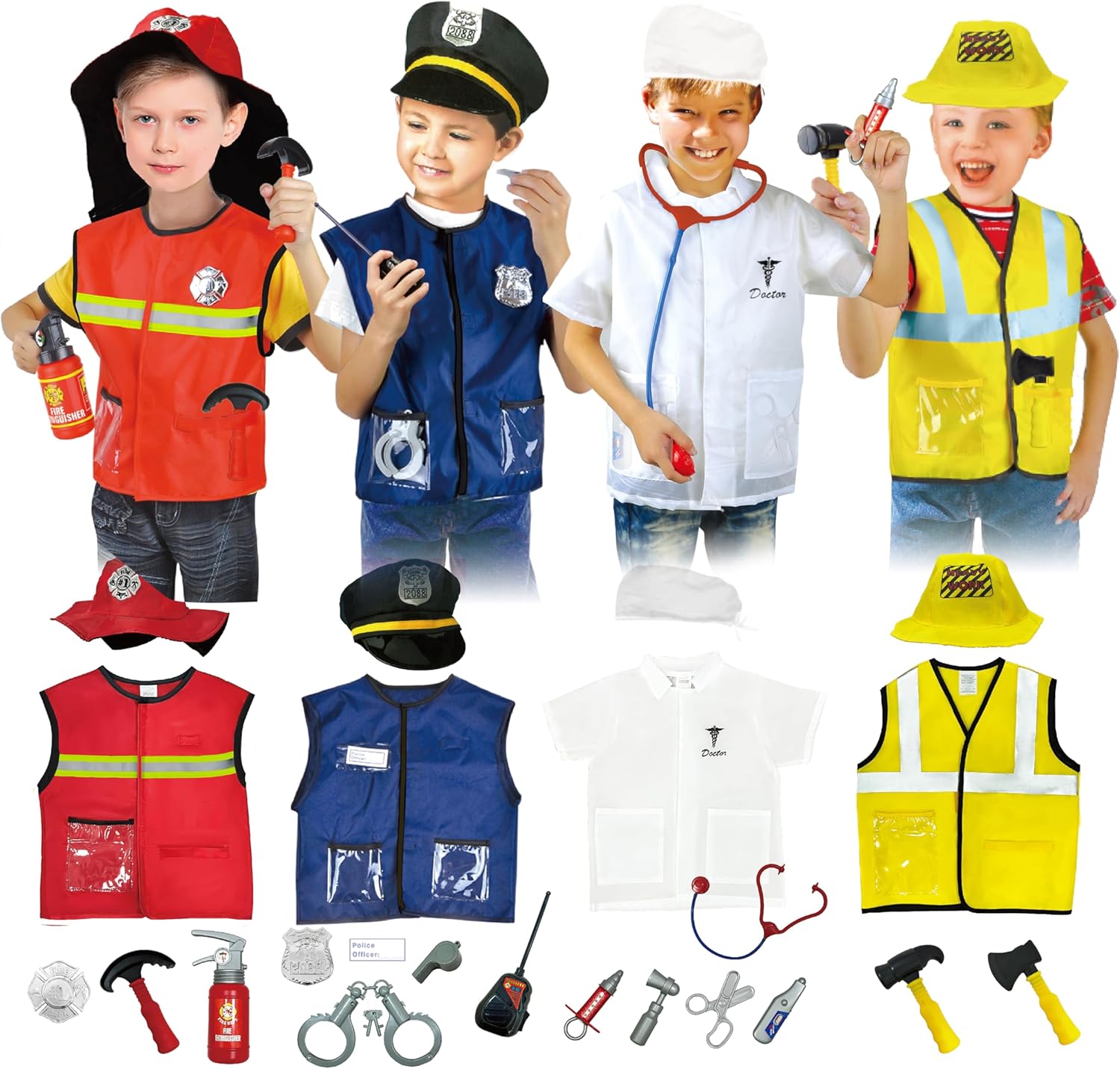 Lesheng space 4 Sets Dress Up Clothes for Kids, Pretend Dress Up Trunk of Firefighter costume/Doctor/Policeman/Construction Worker Role Play Set with Realistic Accessories