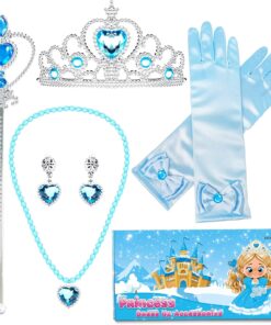 Boxed Princess Dress Up Accessories, Set of 6 Elsa Dress Up Set for Toddler Girls Kids Girls with Elsa Crown,Wand,Gloves,Necklace,Earrings,Bracelet Gift Sets for Little Girls Halloween Party Cosplay Set