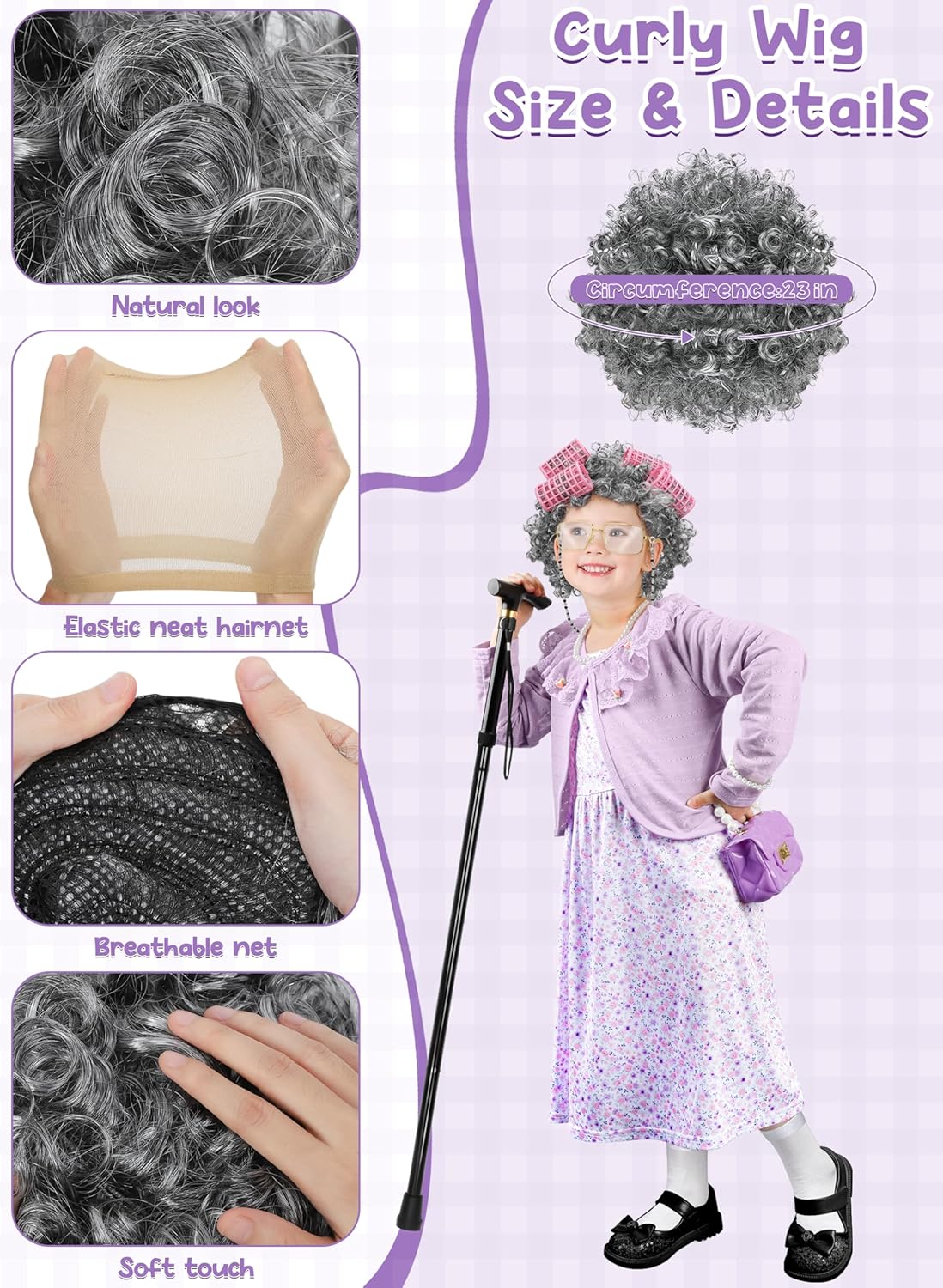Luces 100 Days of School Costume for Kids, Old Lady Dress Up for Girls, 100th Day School Granny Wig Accessories Outfit - Image 5