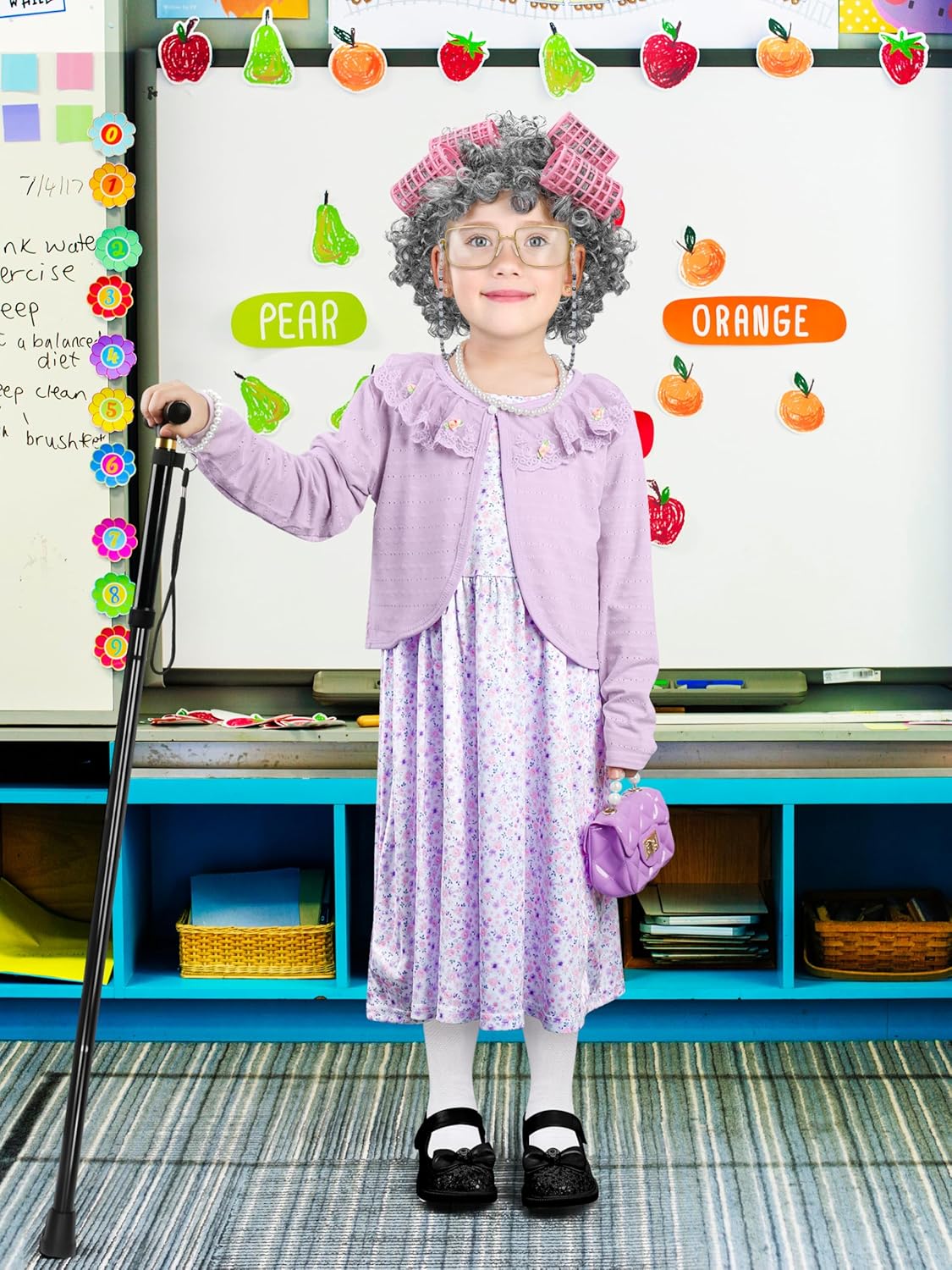 Luces 100 Days of School Costume for Kids, Old Lady Dress Up for Girls, 100th Day School Granny Wig Accessories Outfit - Image 7
