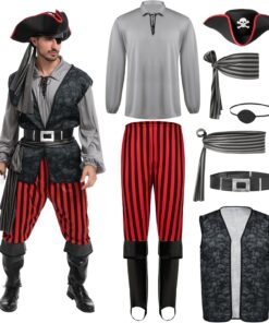 Spooktacular Creations Men Pirate Costume, Adult Pirate Shirt Vest Viking Pants Hat Set for Halloween Themed Parties