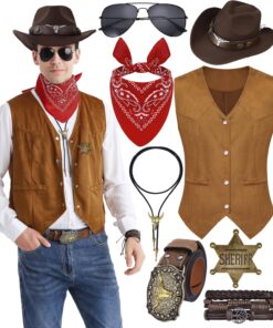 VillbeCoser 8 PCS Menu2019s Western Cowboy Costume Set with Cow Vest & Hat Retro Accessories Halloween Party Cosplay
