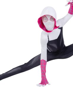 MARVEL Spider-Gwen Official Youth Zentai Halloween Costume - Hooded Spandex Jumpsuit with Printed Design and Pull On Mask