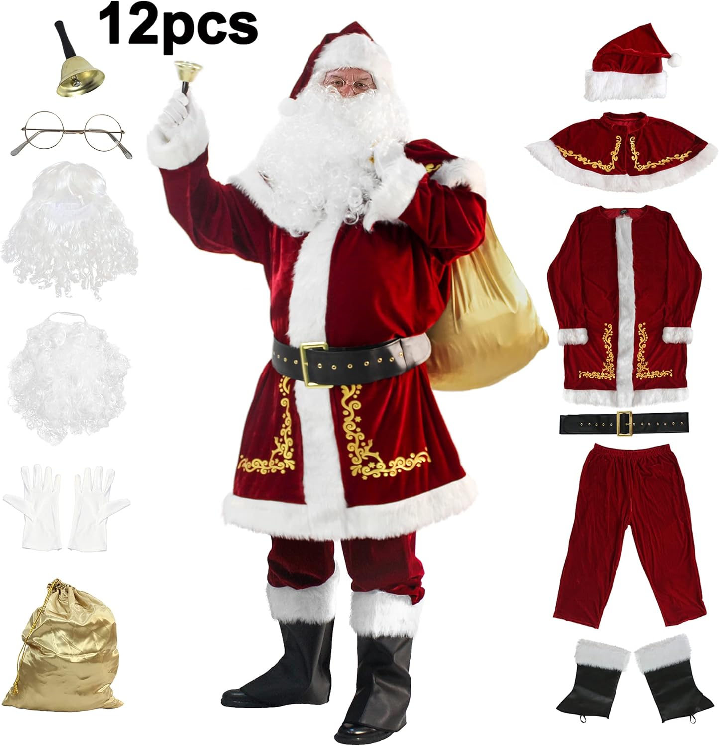 WeGuard Deluxe Velvet Adult Santa Suit for Men 12PCS Set Christmas Santa Clause Costume - Image 3