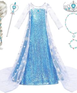 G.C Girls Princess Dress Costume with Wig Cape Toddler Princess Dress Up Outfit Kids Crown Jewelry Halloween Birthday Gifts